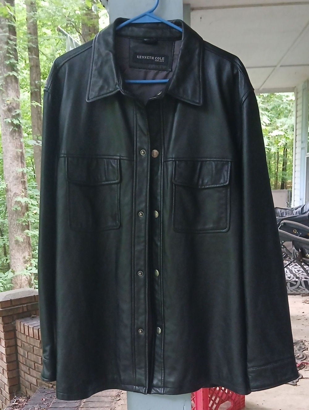 Kenneth Cole Black Leather Shirt Jacket with Dual Chest Pockets,szL